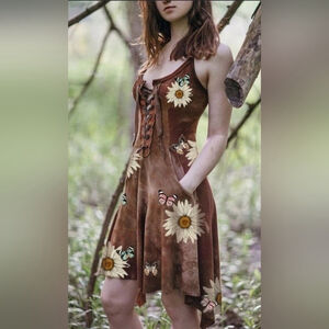 Women's Slim Irregular Hem Sunflower Butterfly Print Dress